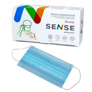 Маски 3-х слойные Sense на резинке Голубые(картон. уп 50шт) Плотные